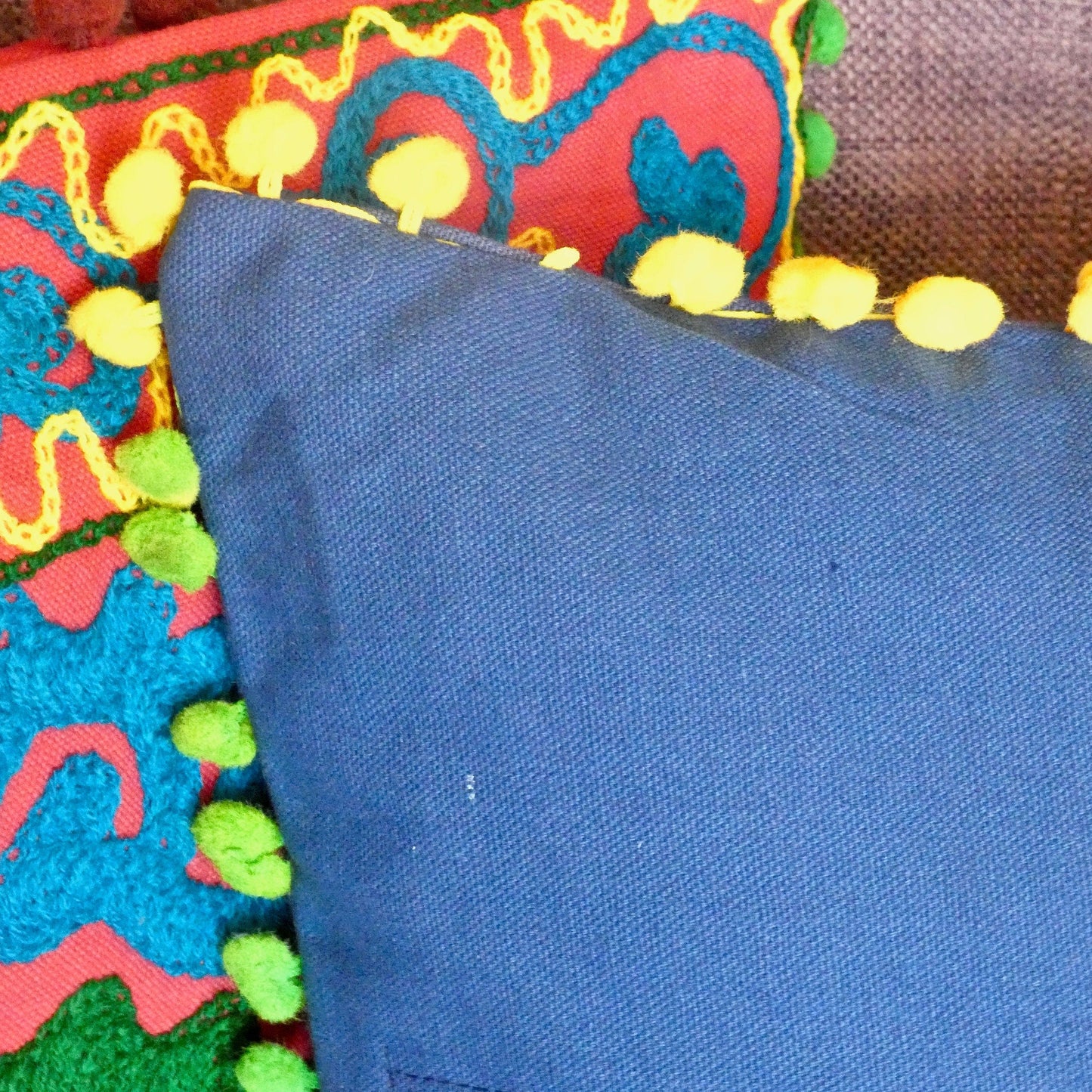 Blue Suzani Embroidered Pom Pom Cushion Cover