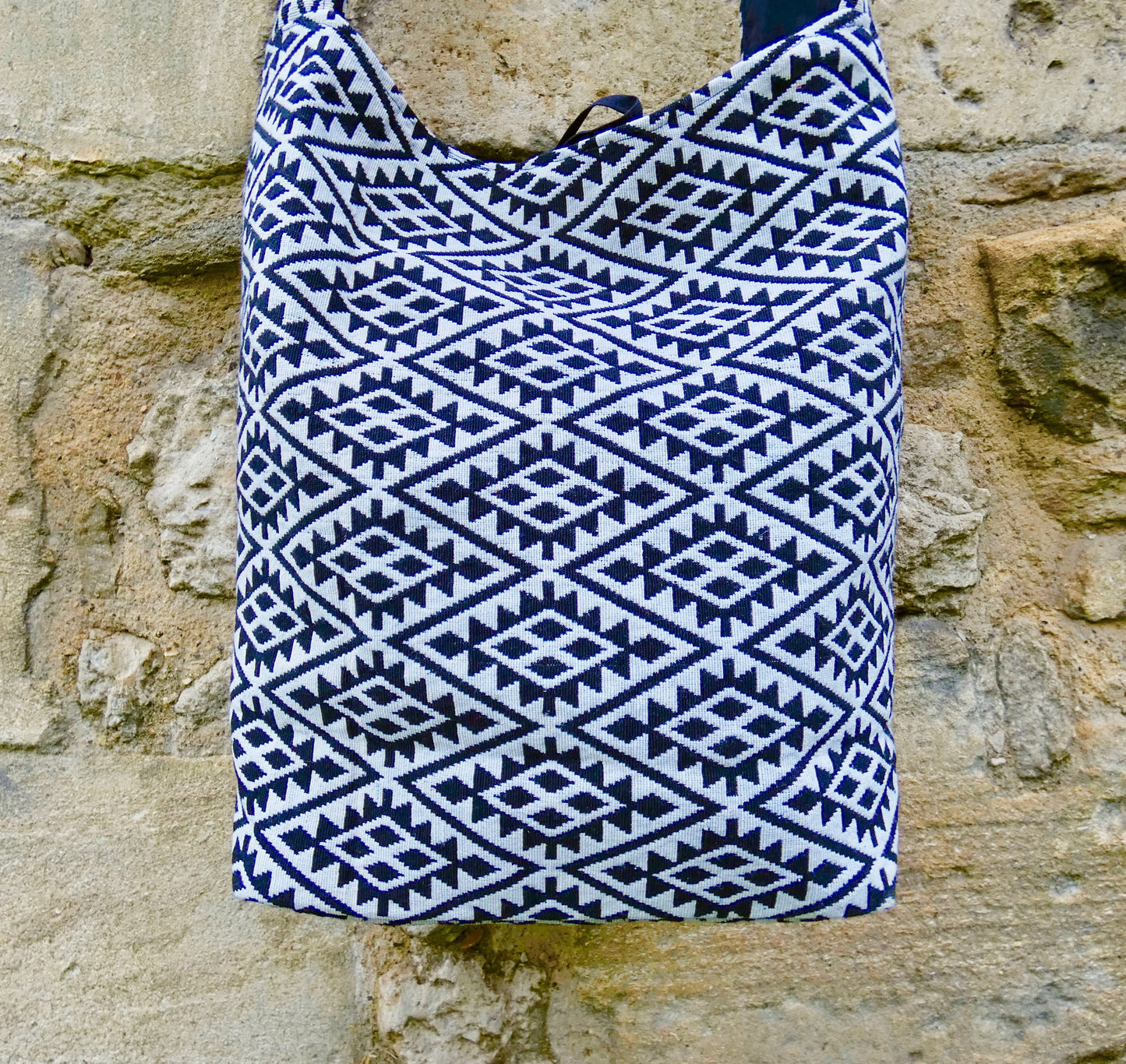 Blue Geometric Woven Cotton Bucket Bag
