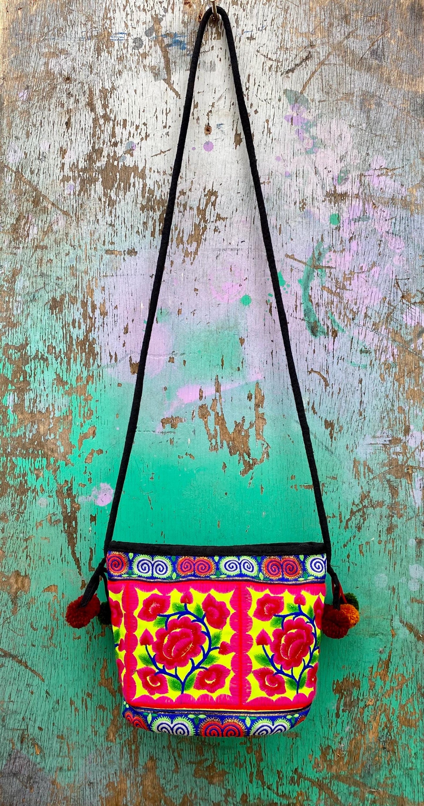 Pink Floral Embroidered Thai Crossbody Bag