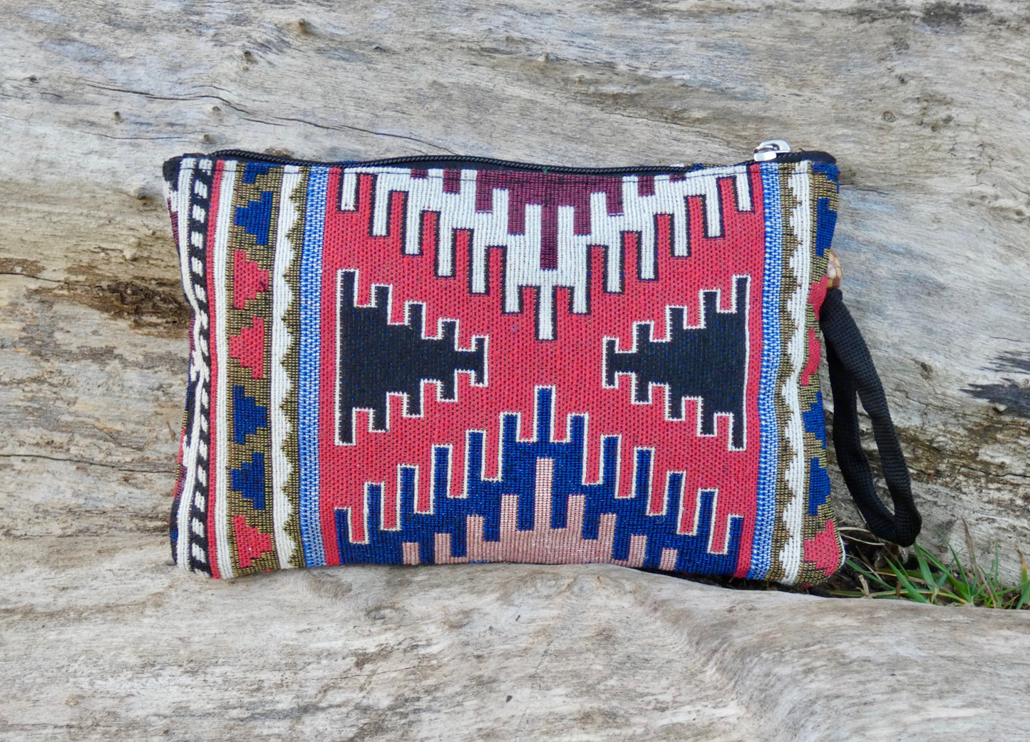 Upcycled Woven Cotton Jacquard Purse - Blue and Red