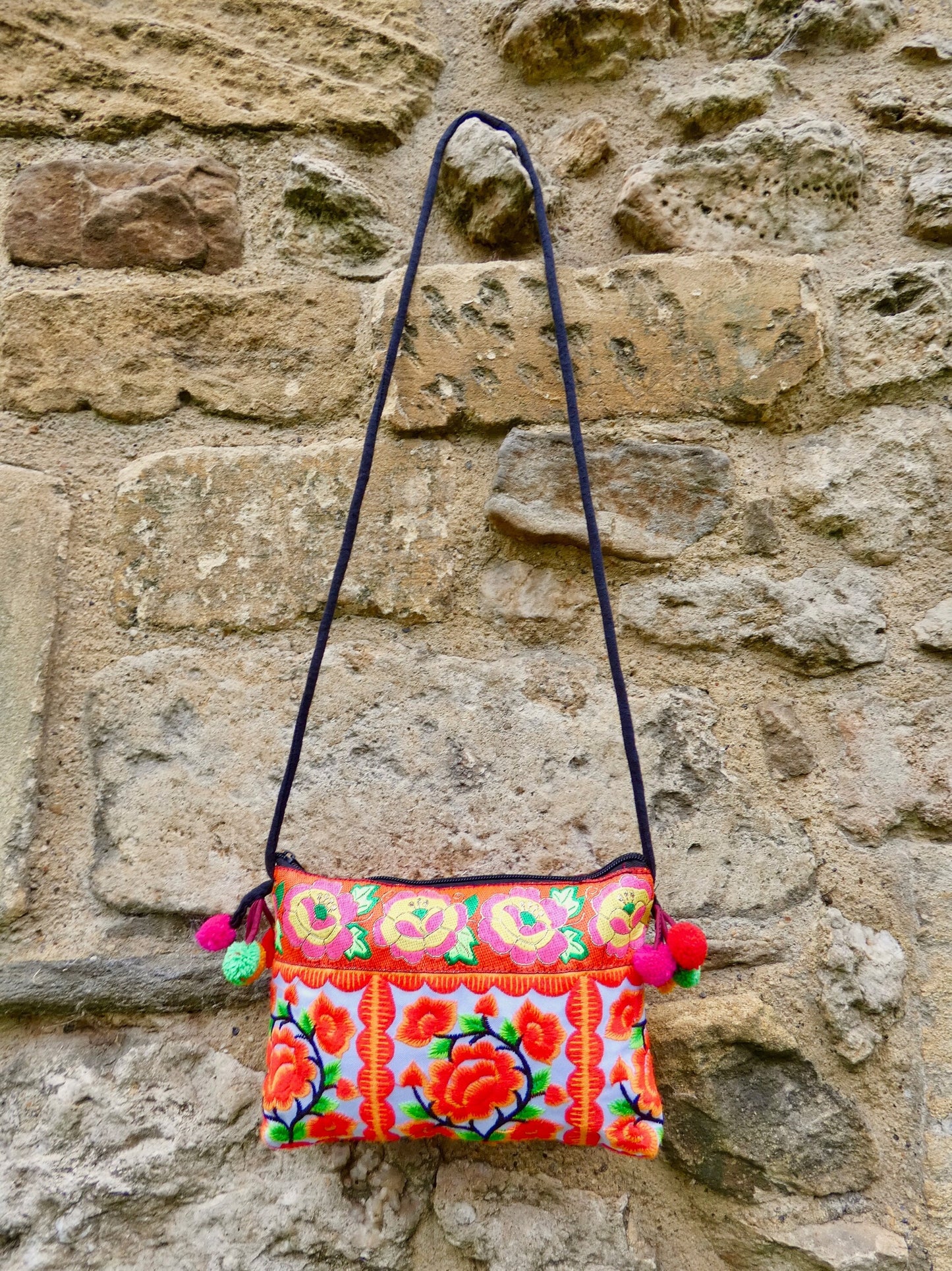 Orange Floral Hmong Embroidered Small Crossbody Bag