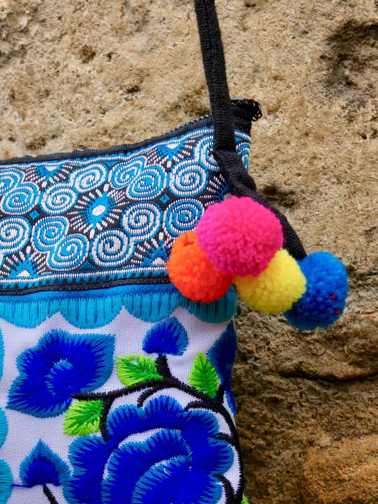 Blue Floral Embroidered Small Crossbody Thai Bag
