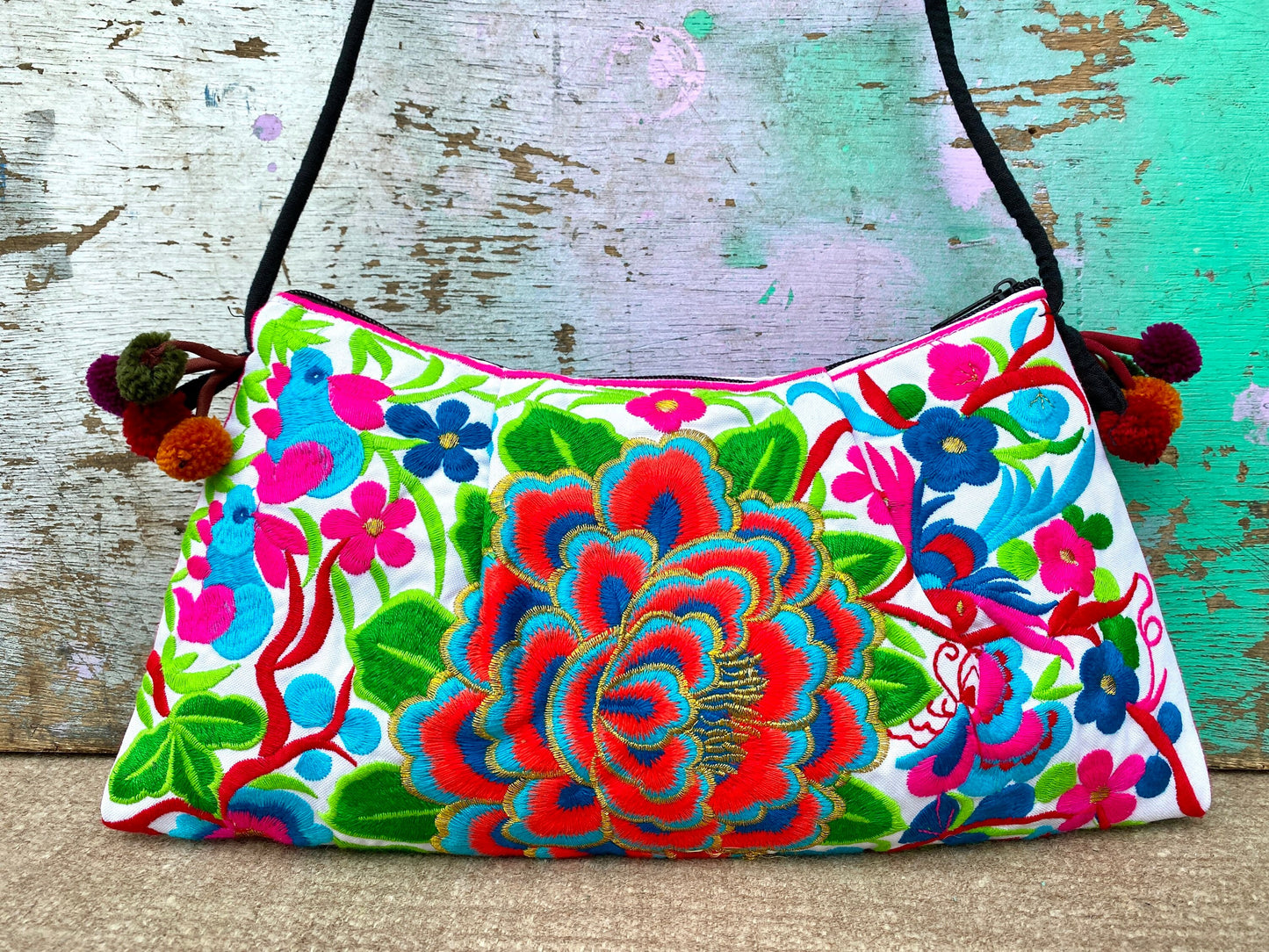 Red Floral Embroidered Crossbody Thai Sling Bag