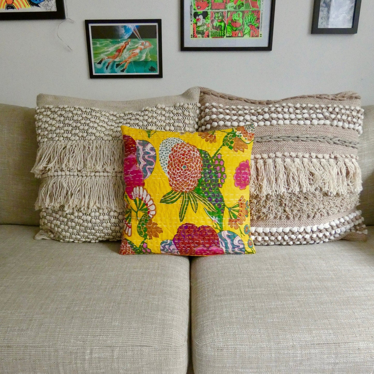 Yellow Floral Kantha Cushion Cover