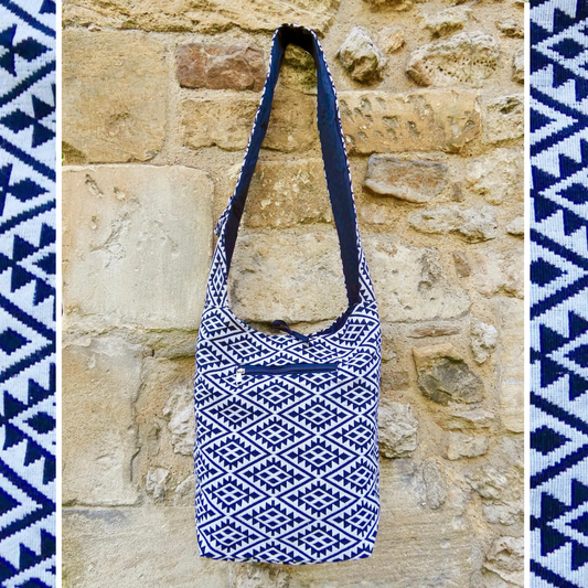 Blue Geometric Woven Cotton Bucket Bag