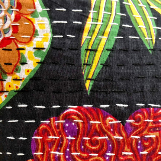 Black Floral Kantha Cushion Cover