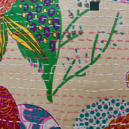Beige Floral Kantha Cushion Cover