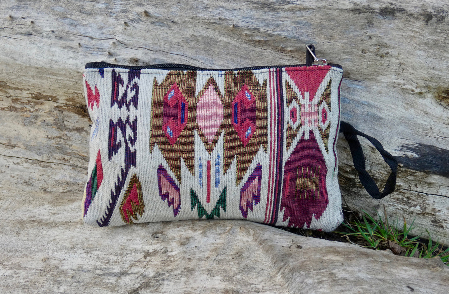 Red and Beige Jacquard Woven Cotton Wristlet Purse Bag