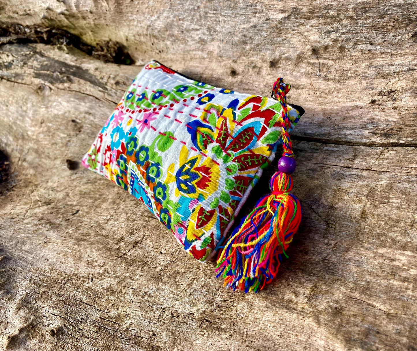 Handmade Cotton Kantha Purse - White