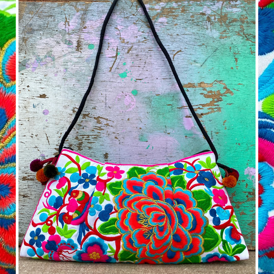 Red Floral Embroidered Crossbody Thai Sling Bag