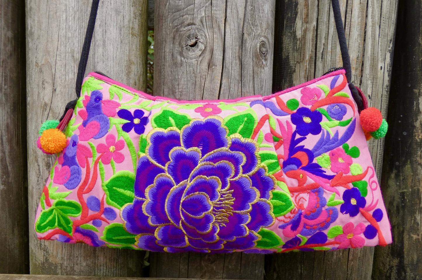 Purple Floral Embroidered Crossbody Thai Sling Bag