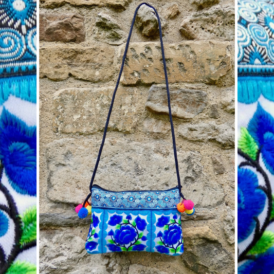 Blue Floral Embroidered Small Crossbody Thai Bag