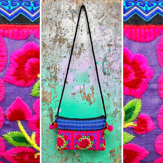 Pink Floral Hmong Embroidered Small Crossbody Bag