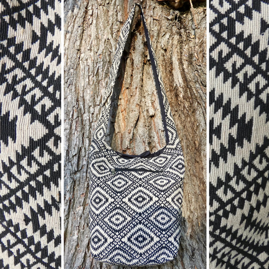 Black Geometric Woven Cotton Bucket Bag