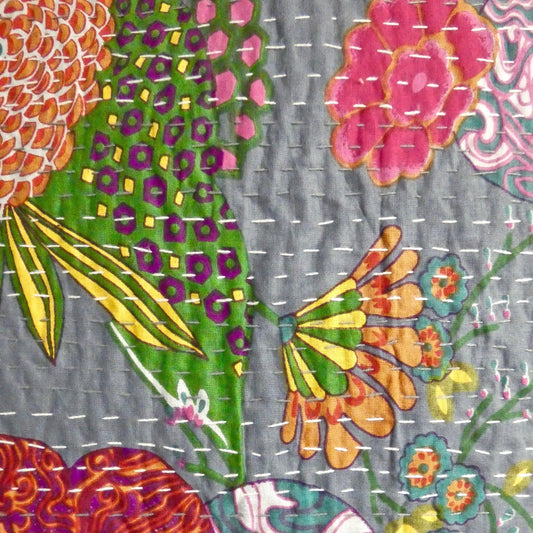 Grey Floral Kantha Cushion Cover