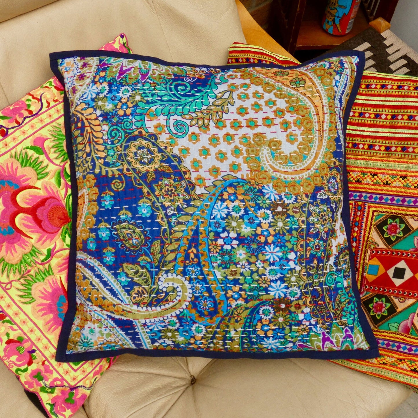 Blue Paisley Kantha Cushion Cover