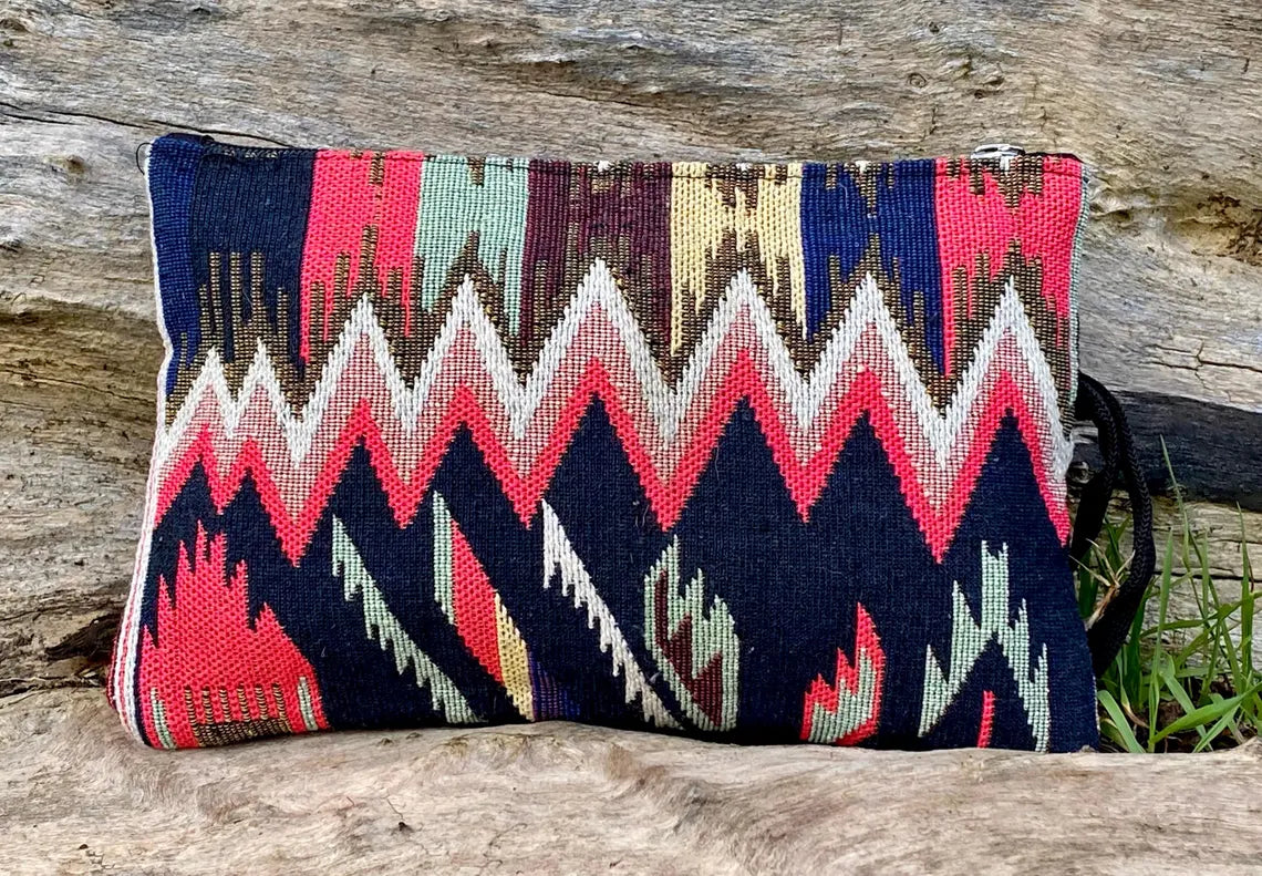 Navy and Coral Jacquard Woven Cotton Wristlet Purse Bag