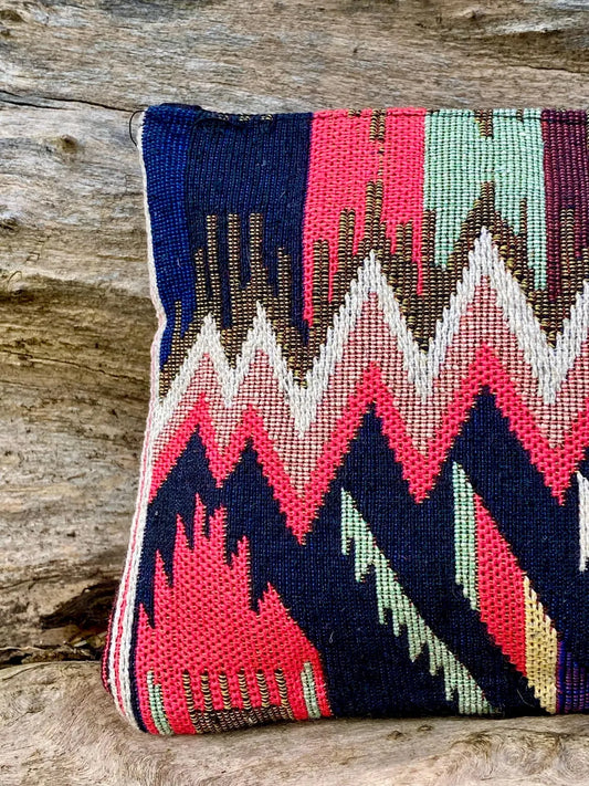 Navy and Coral Jacquard Woven Cotton Wristlet Purse Bag