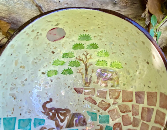 Cream Coconut Bowl with Mother of Pearl Inlay Colourful Elephant