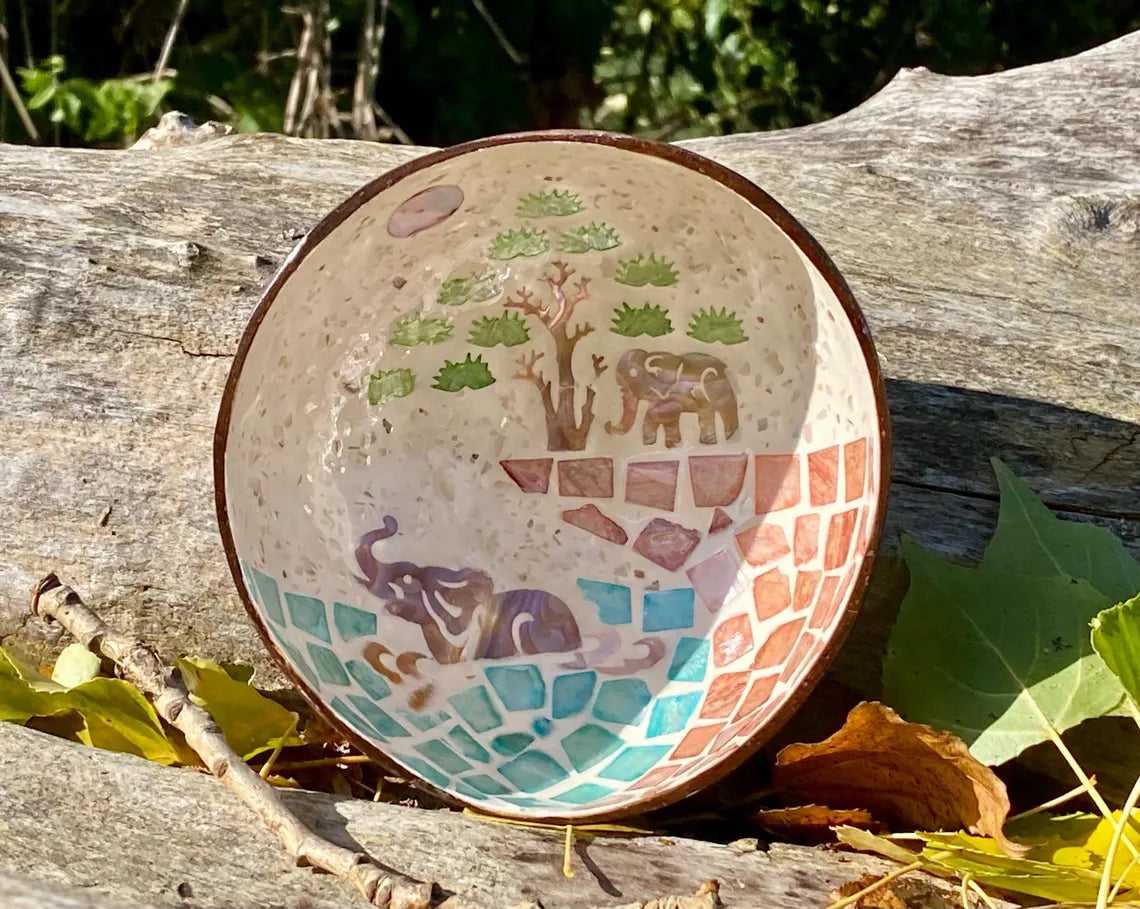 Cream Coconut Bowl with Mother of Pearl Inlay Colourful Elephant