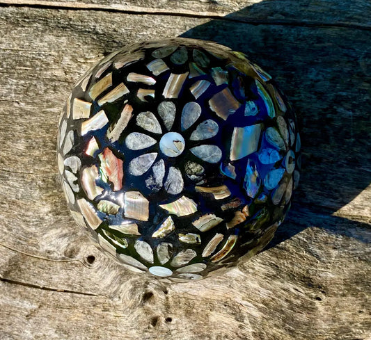 Black Coconut Bowl with Exterior Mother of Pearl Inlay Dark Flower