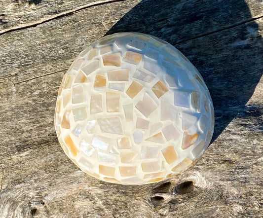 Cream Coconut Bowl with Exterior Mother of Pearl Inlay Light Mosaic