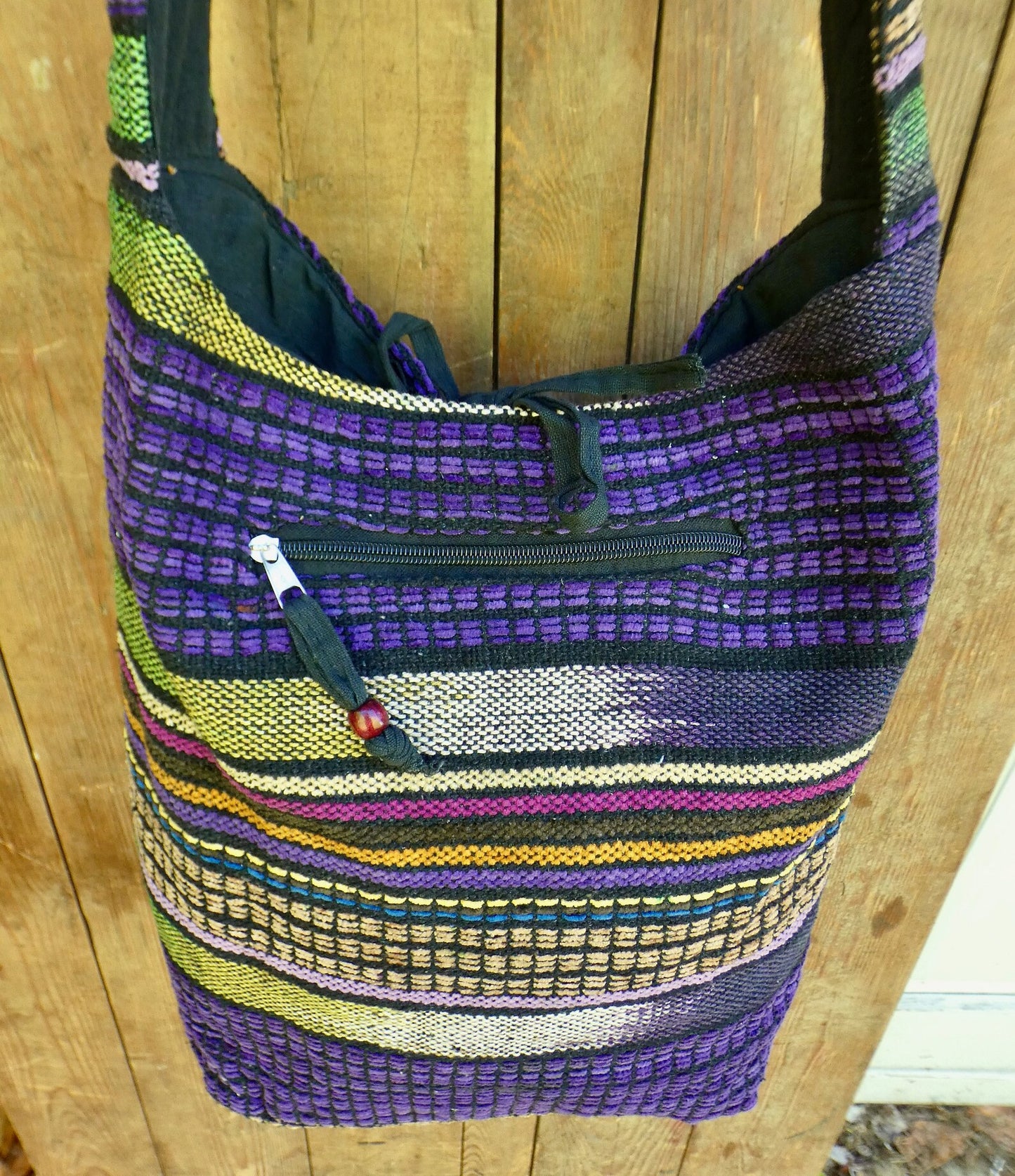Purple Colourful Stripe Woven Cotton Bucket Bag