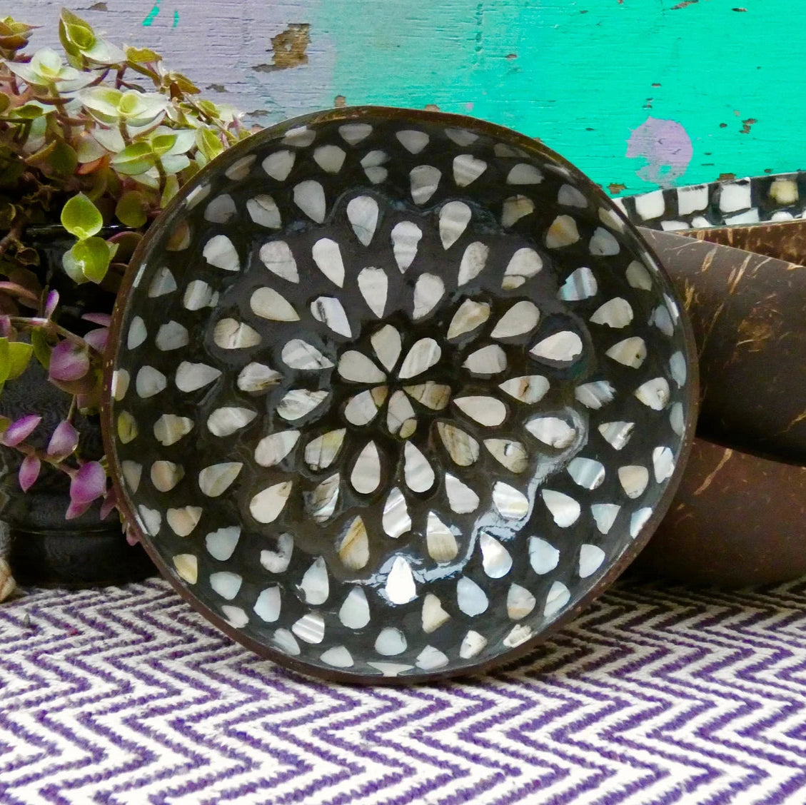 Black Coconut Bowl with Mother of Pearl Inlay