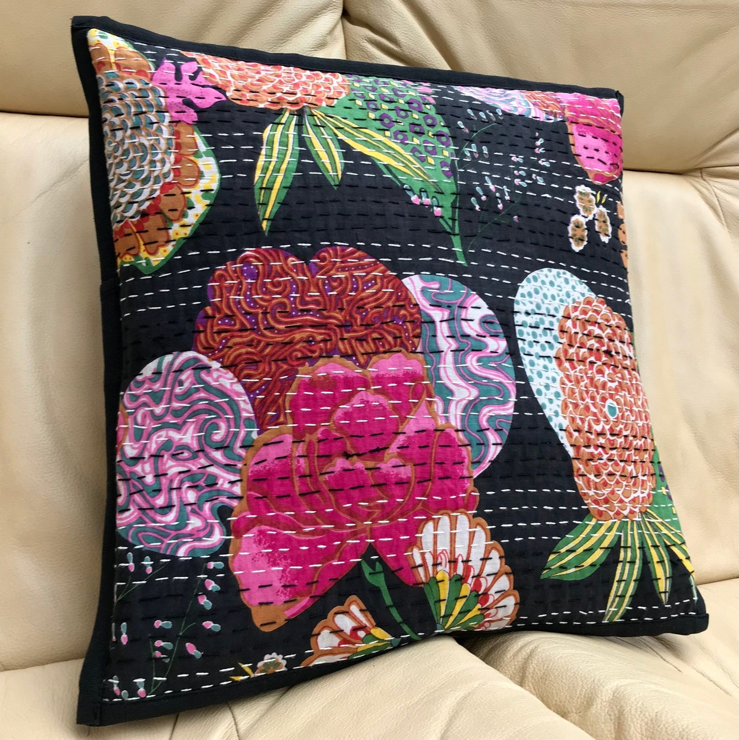 Black Floral Kantha Cushion Cover