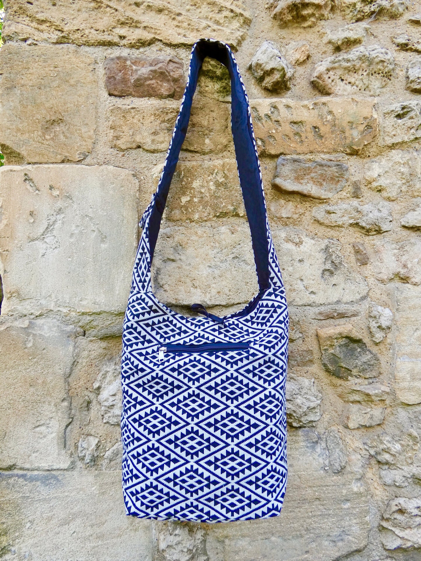 Blue Geometric Woven Cotton Bucket Bag