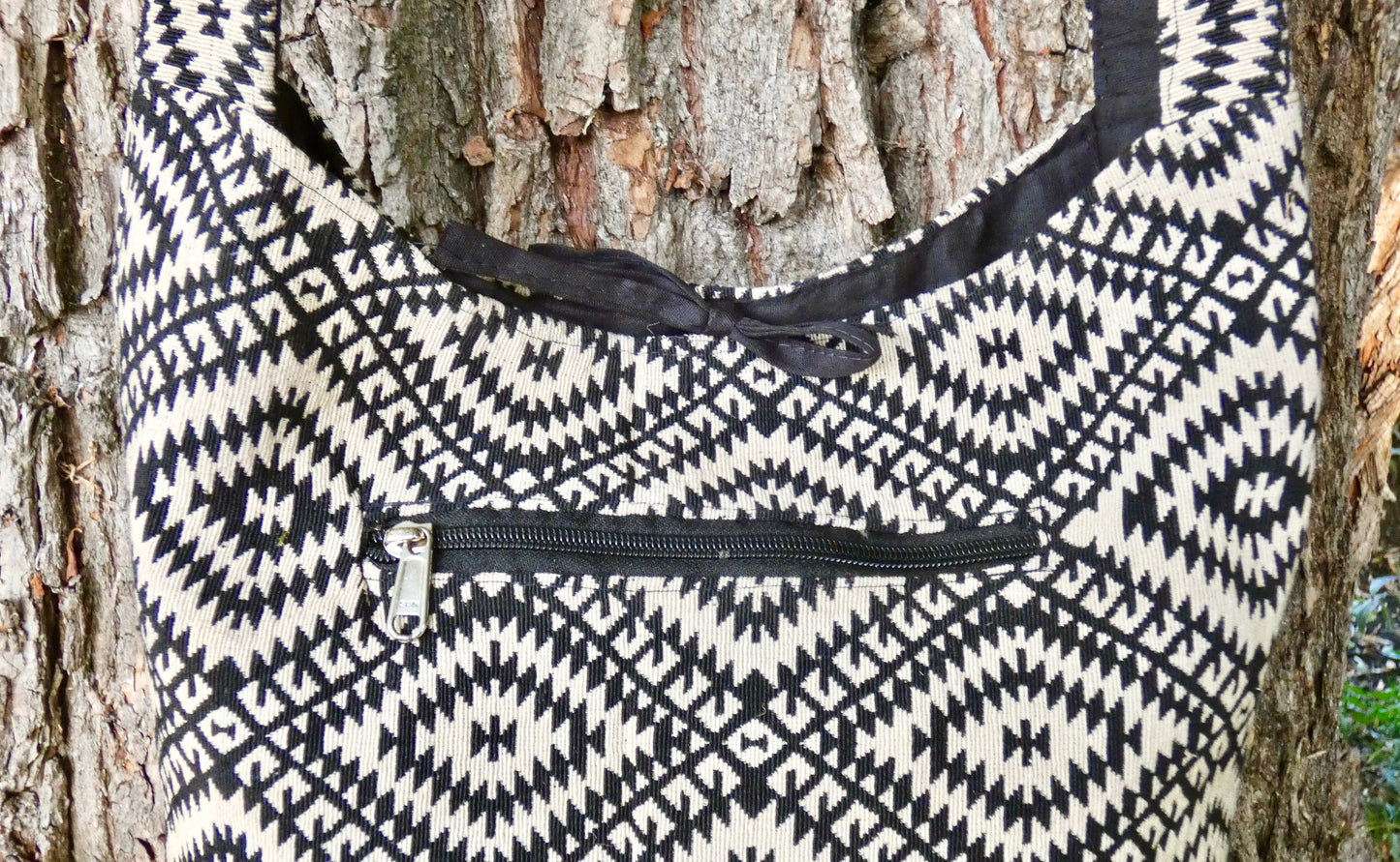 Black Geometric Woven Cotton Bucket Bag