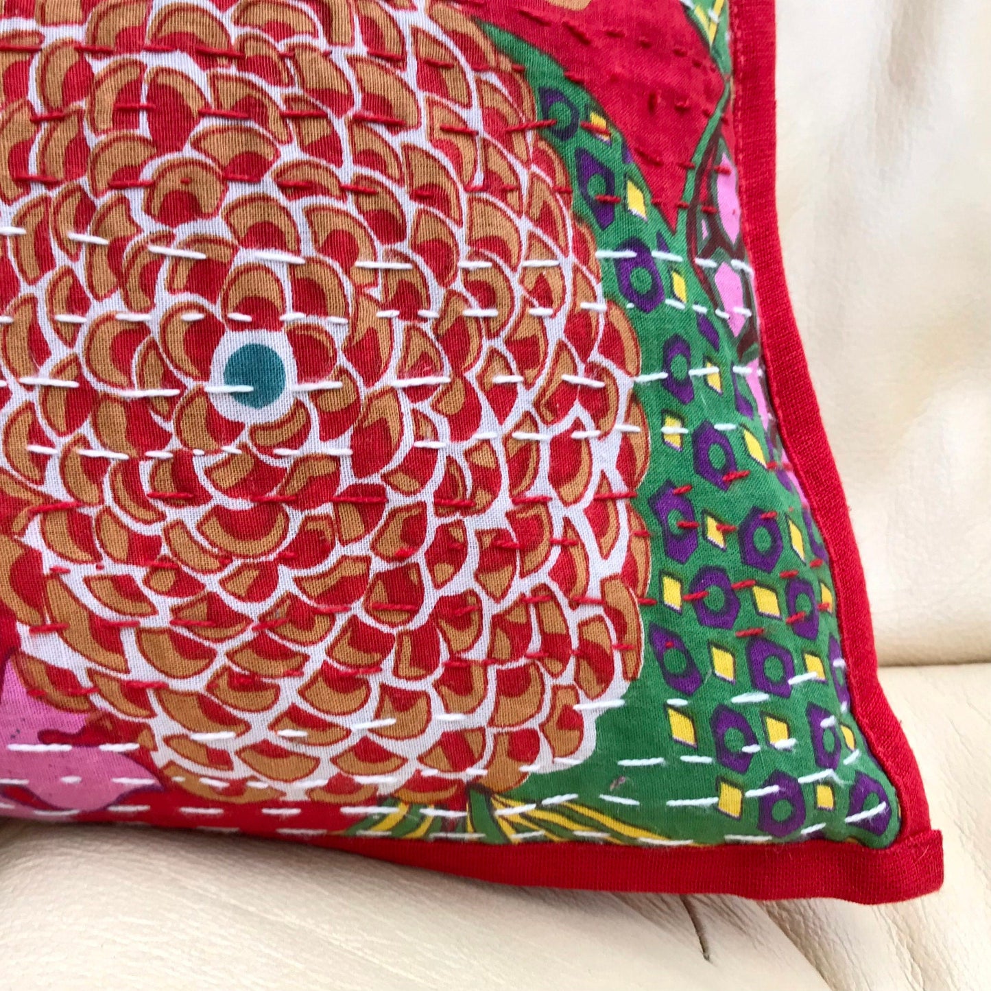 Red Floral Kantha Cushion Cover