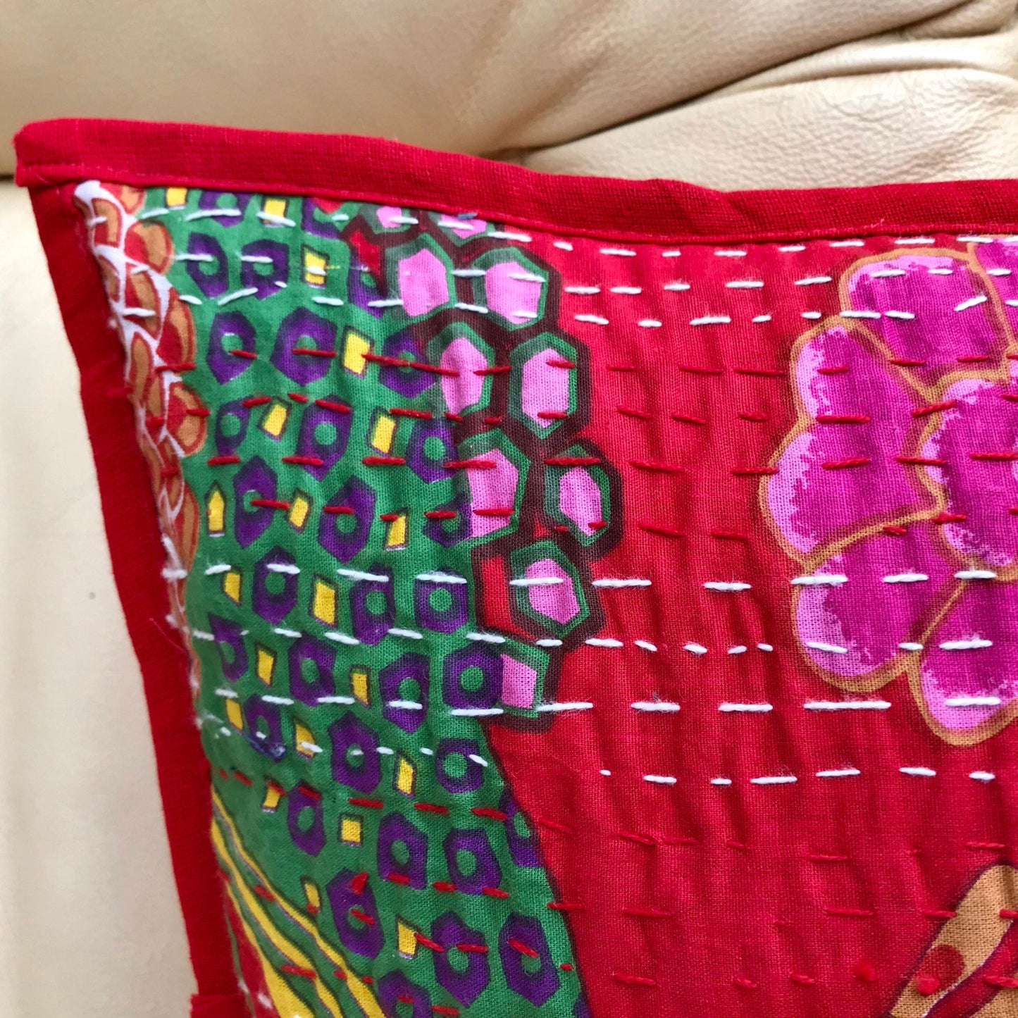 Red Floral Kantha Cushion Cover