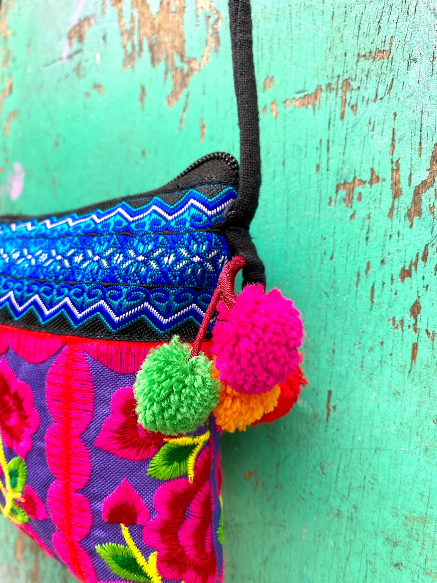 Pink Floral Hmong Embroidered Small Crossbody Bag