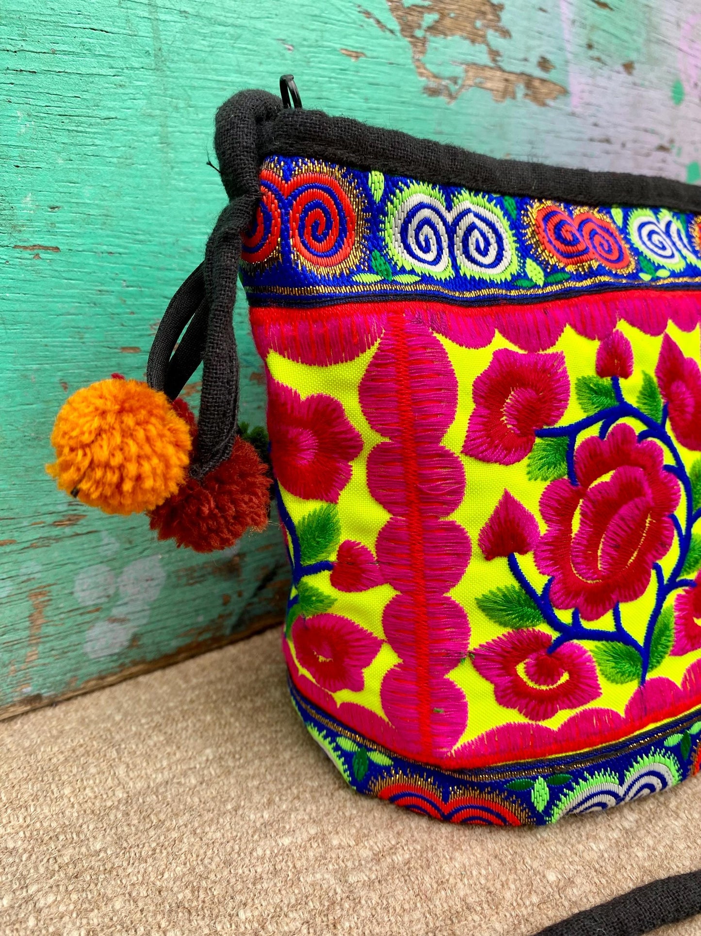 Pink Floral Embroidered Thai Crossbody Bag