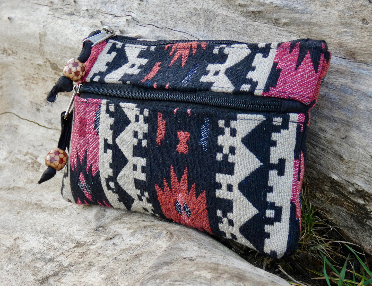 Upcycled Woven Cotton Jacquard Purse - Black and Coral