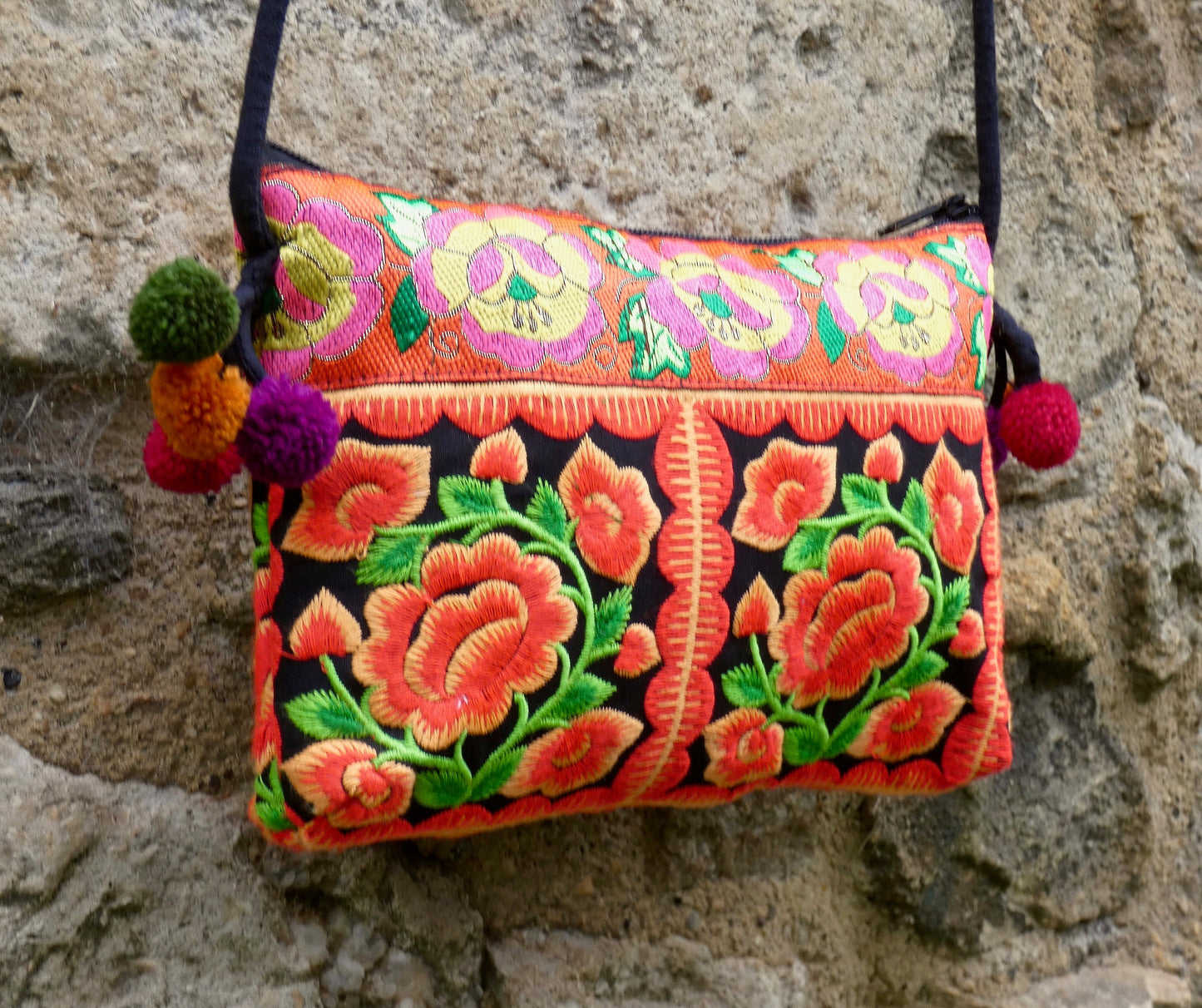 Orange Floral Embroidered Small Crossbody Thai Bag