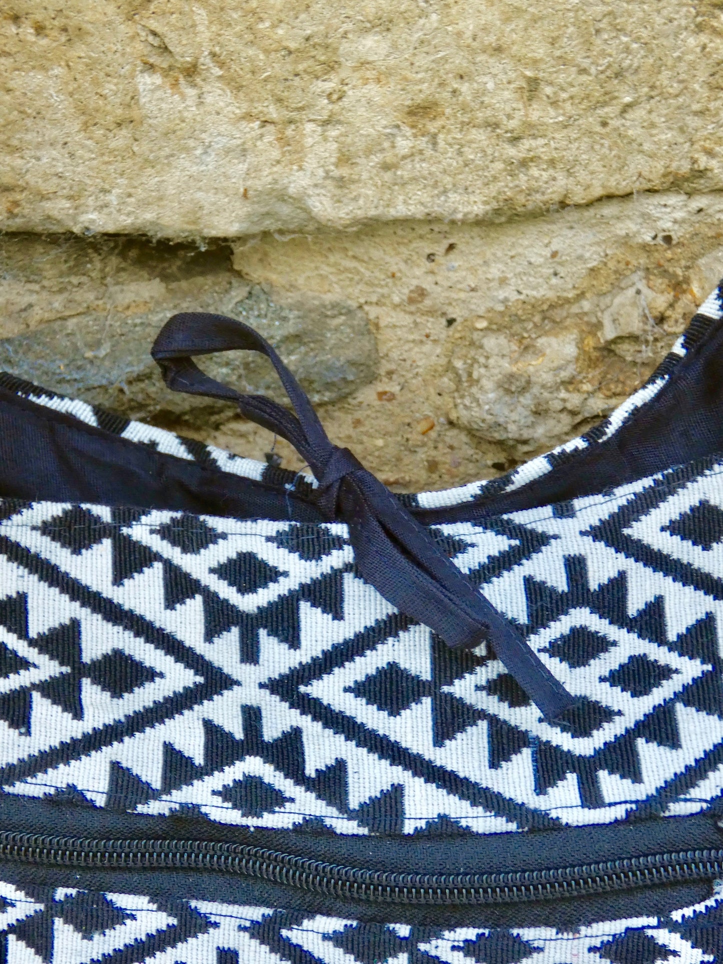 Blue Geometric Woven Cotton Bucket Bag