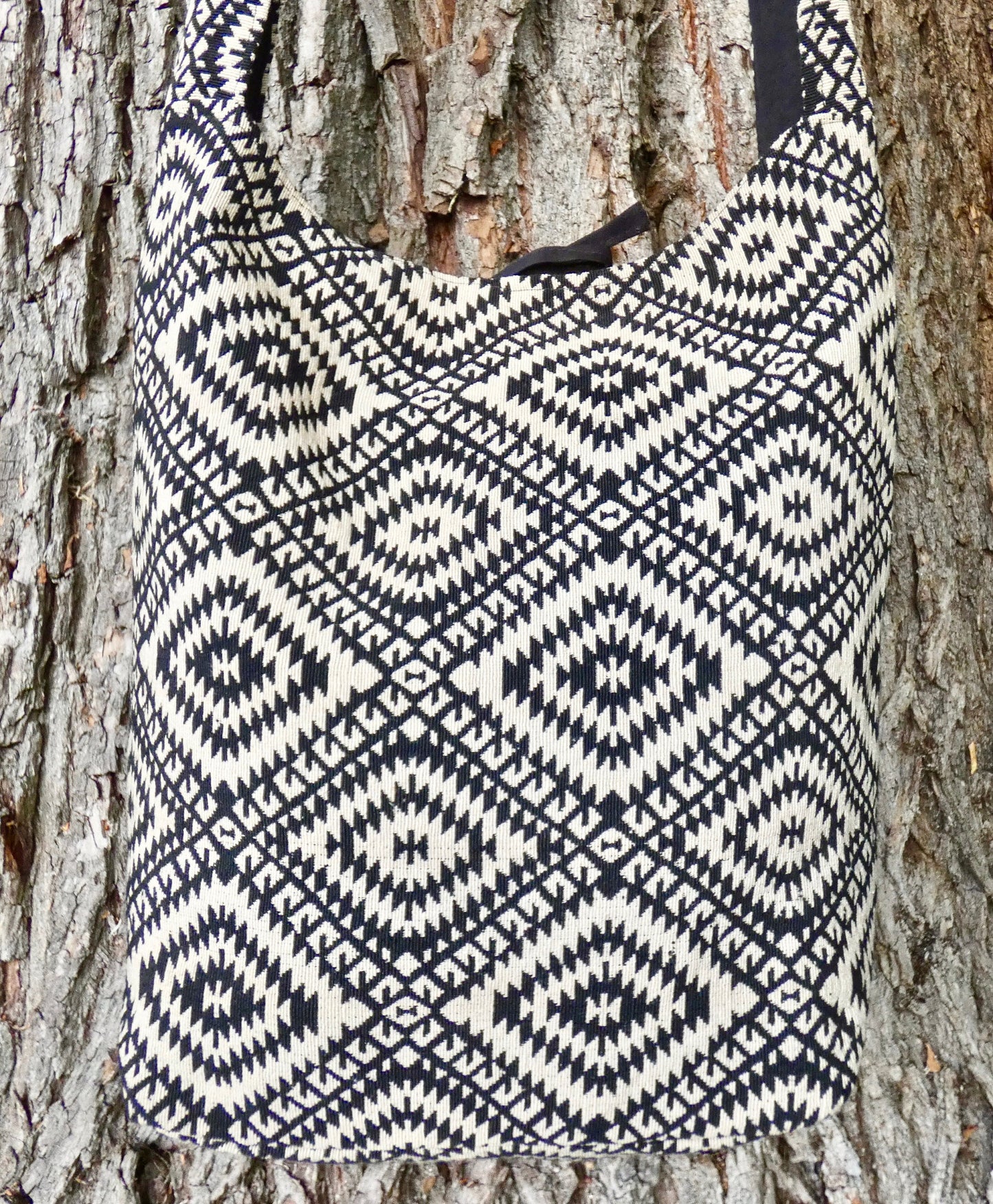 Black Geometric Woven Cotton Bucket Bag