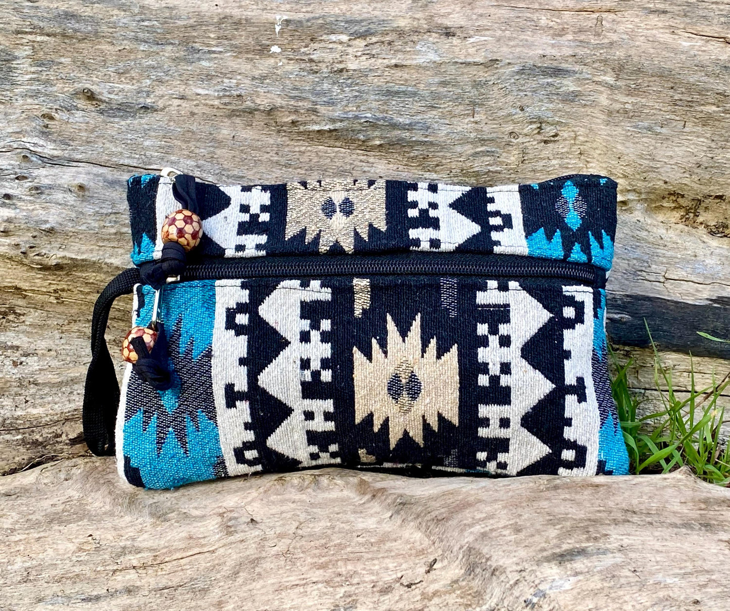 Upcycled Woven Cotton Jacquard Purse - Blue and Black