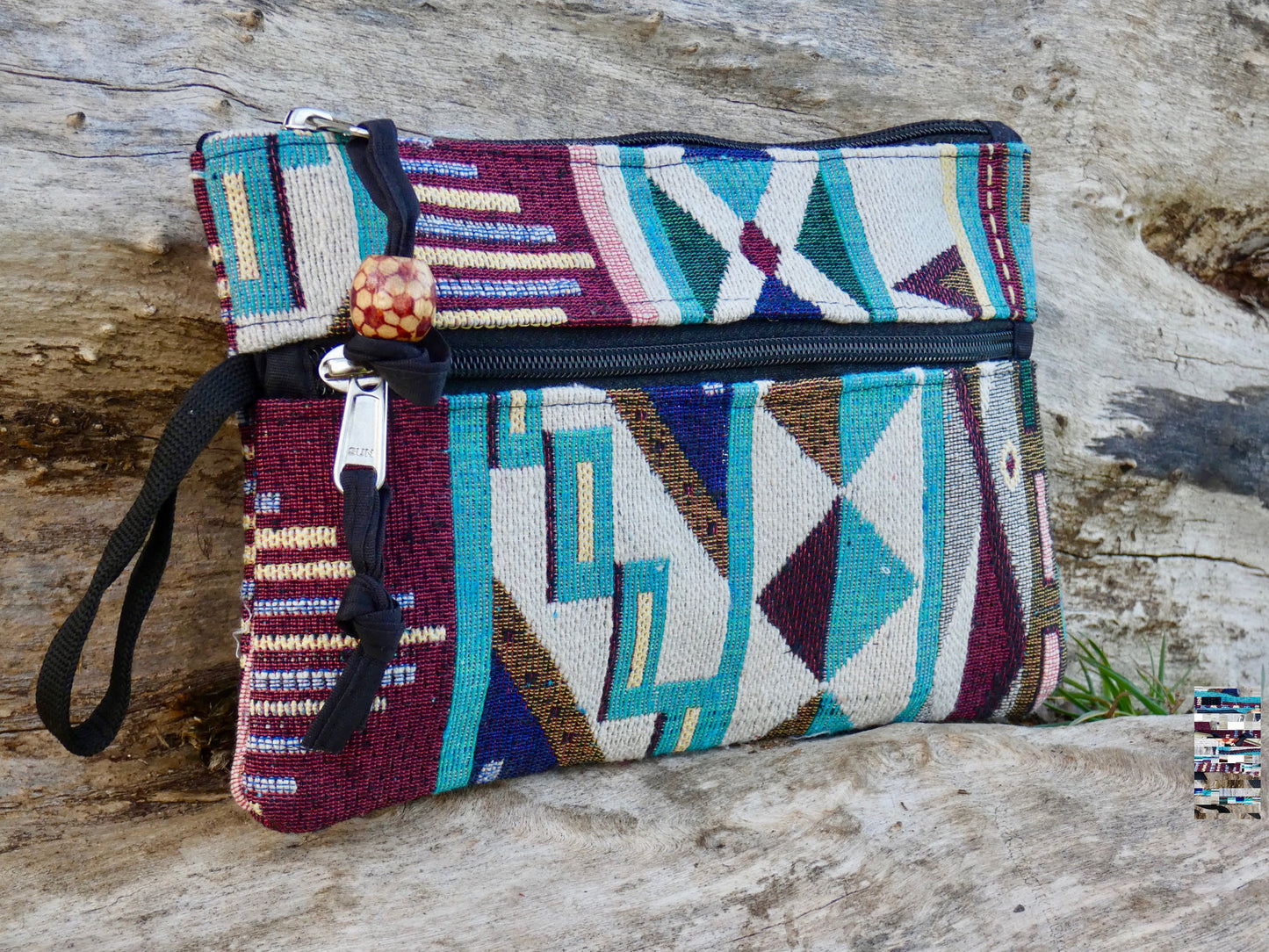 Upcycled Woven Cotton Jacquard Purse - Teal and Burgandy