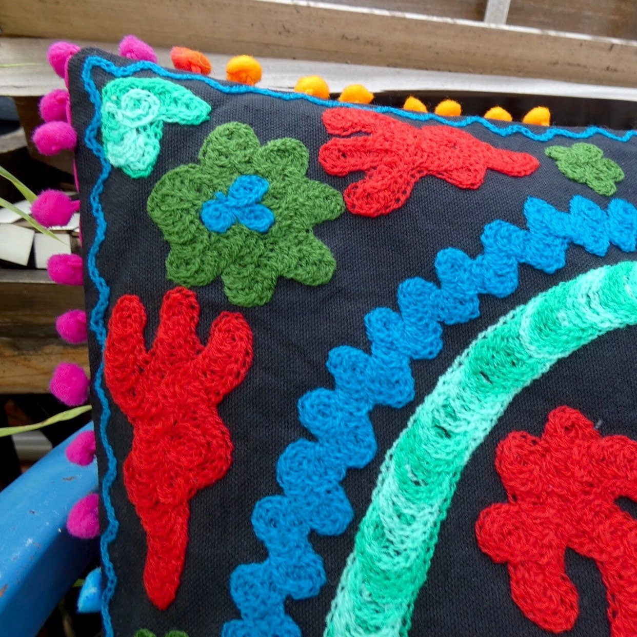 Black Suzani Embroidered Pom Pom Cushion Cover