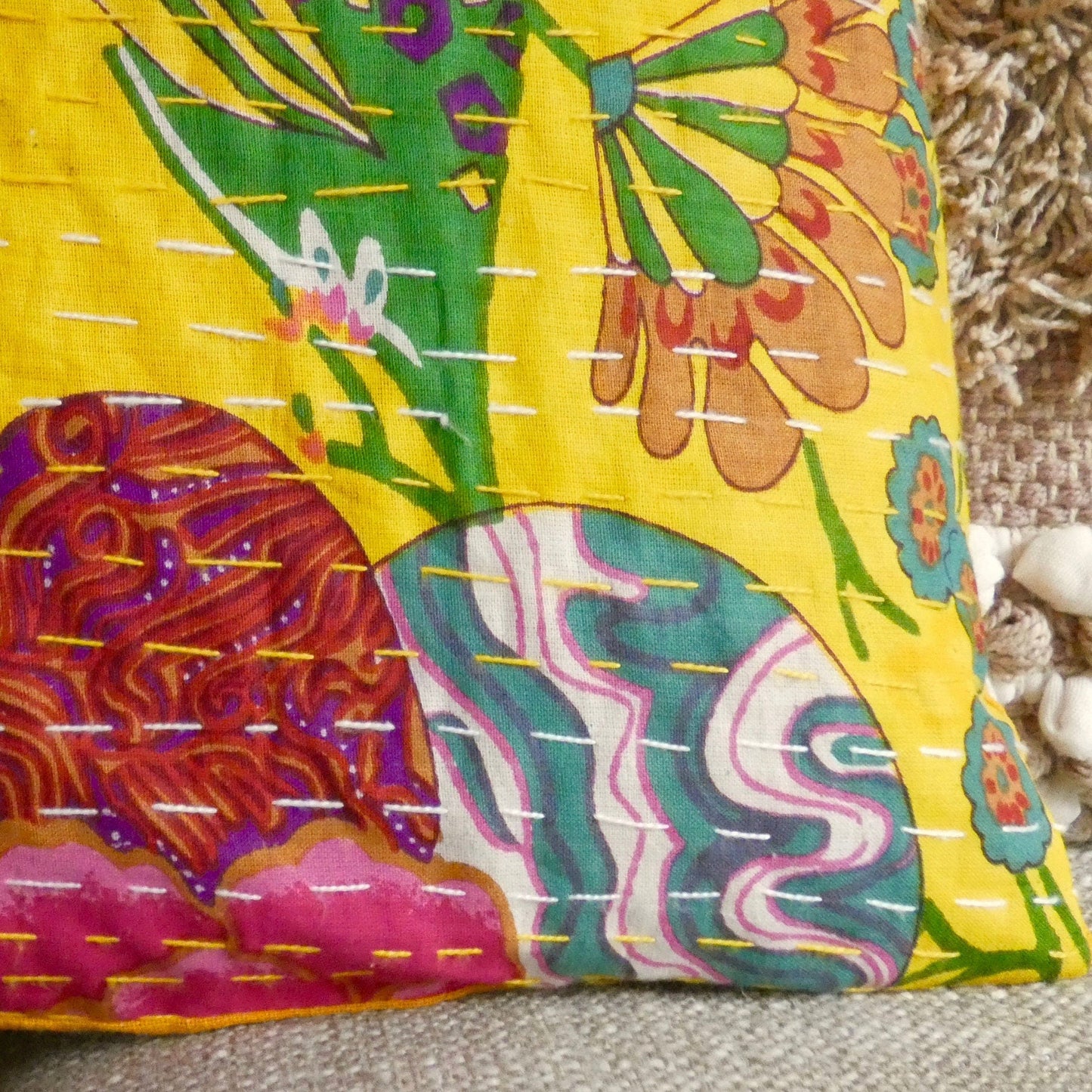 Yellow Floral Kantha Cushion Cover