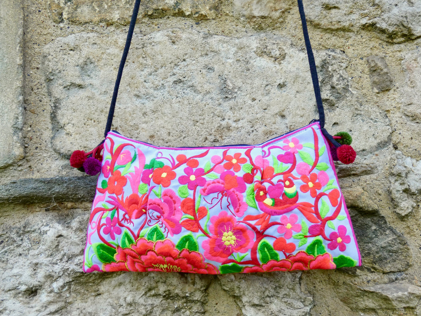 Coral Pink Floral Embroidered Crossbody Thai Sling Bag