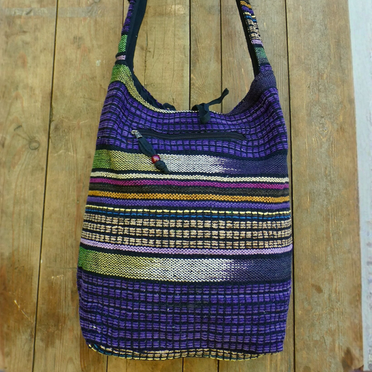 Purple Colourful Stripe Woven Cotton Bucket Bag