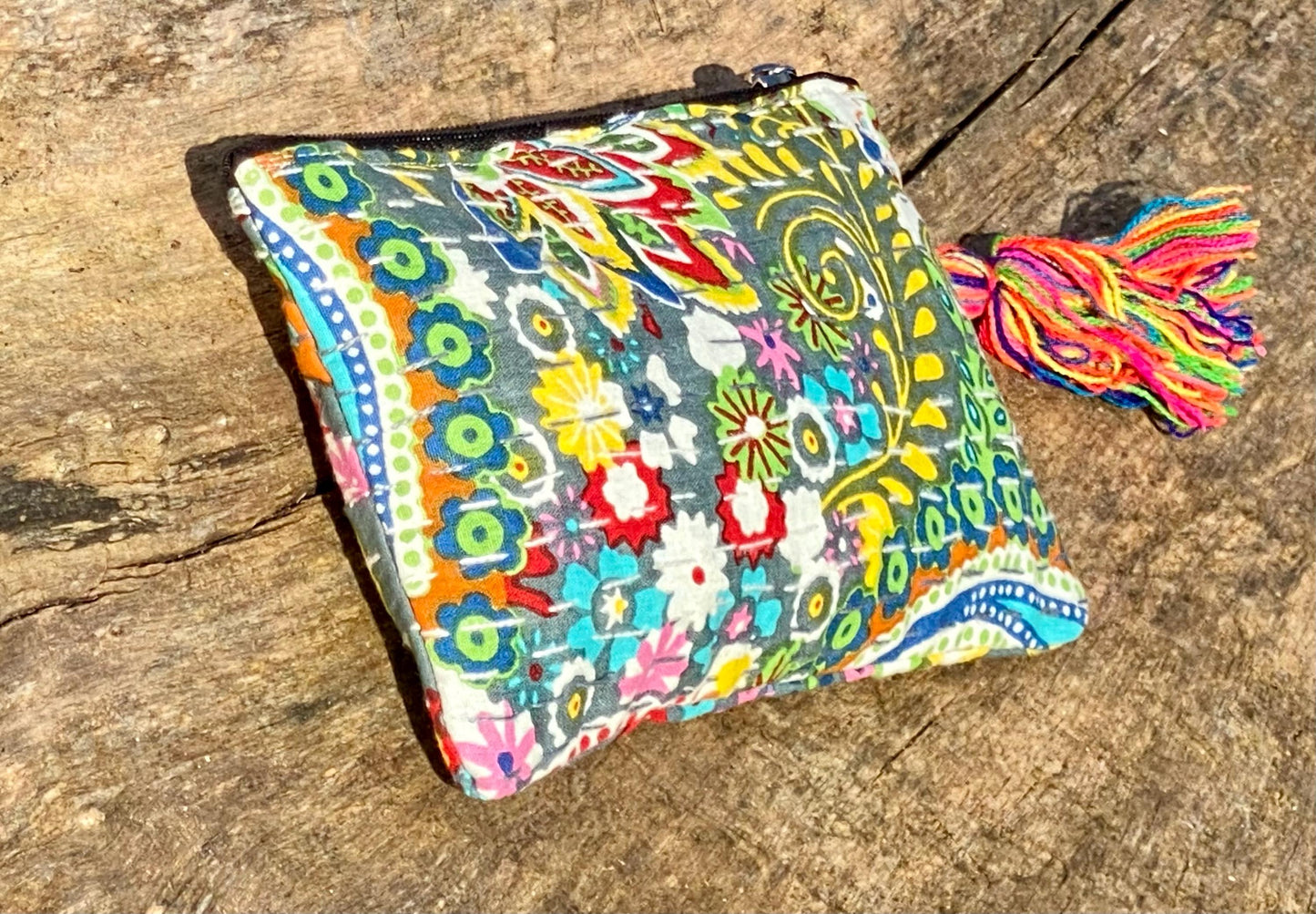 Handmade Cotton Kantha Purse - Grey