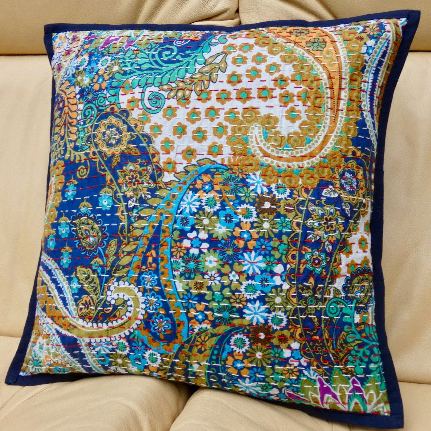 Blue Paisley Kantha Cushion Cover