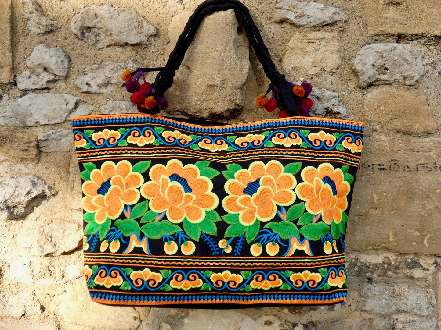 Orange Floral Embroidered Hmong Tote Bag