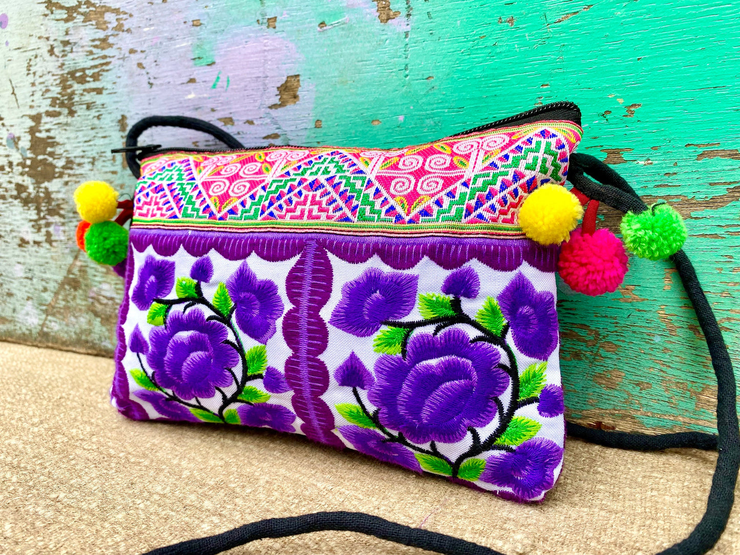 Purple Floral Hmong Embroidered Small Crossbody Bag
