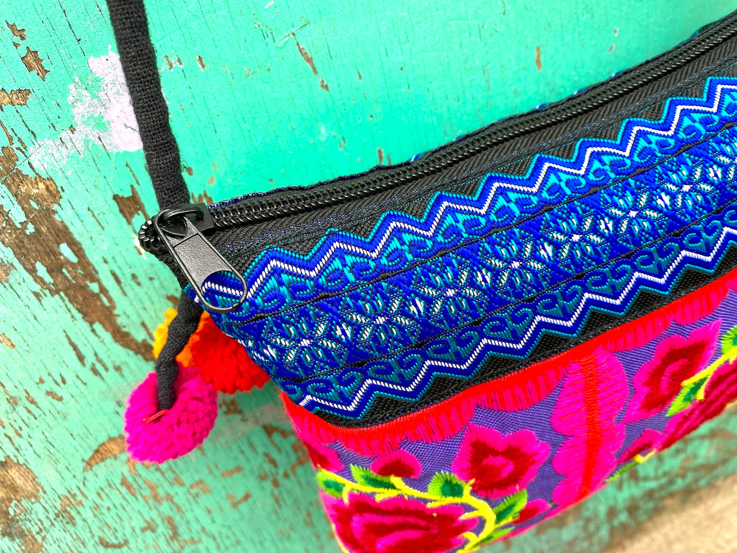 Pink Floral Hmong Embroidered Small Crossbody Bag